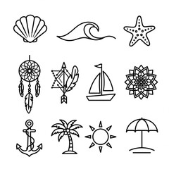 bohemian marine and beach line art symbols collection

