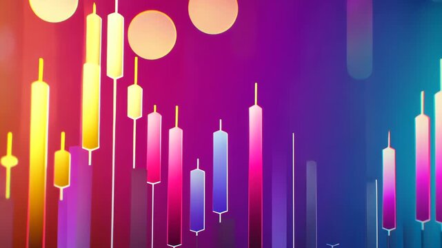 Candlestick Chart on Vibrant Background: An abstract rendering of financial data, highlighting the ebb and flow of the market, the candlestick chart is set against a stunning palette of colors