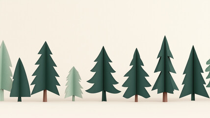 Obraz premium Evergreen fir trees stand in a row in winter forest, light paper cut DIY Christmas background