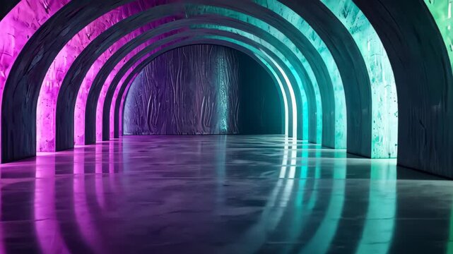 Illuminated Archway: A captivating display of color and architecture, showcasing an arched hallway bathed in vibrant hues, creating a surreal and modern ambiance.