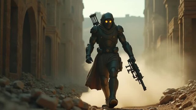 Hooded warrior robot holding futuristic weapon in city ruins