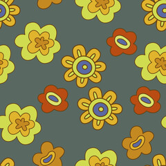 Retro Psychedelic Floral Pattern With Yellow Orange Brown Red Blue Flowers On Dark Grey Background Seamless Design