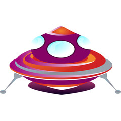 Retro style cartoon flying saucer spaceship with purple and orange metallic body and three clear windows isolated on transparent background
