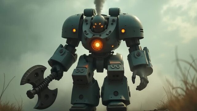 Massive armored mech with glowing orange core