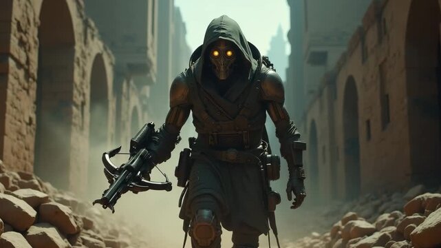 Hooded mechanical assassin walking through ruins