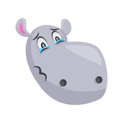 Sad Cartoon Hippopotamus Head with Tears and a Small Crack on Its Cheek Expressing Distress on a Transparent Background