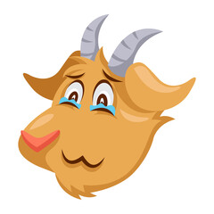 Sad Goat Head Illustration With Crying Eyes And Light Brown Fur With Grey Horns And Pink Nose Isolated On White Background
