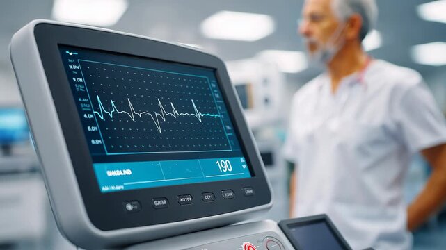 Medical monitoring: elderly patient by heart rate machine in modern hospital setting