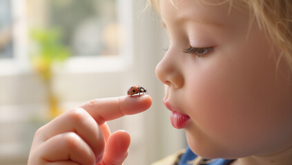 A Little Girl's Gentle Encounter With Nature Discovering the Beauty of a Ladybug on Her Finger a Moment of Wonder