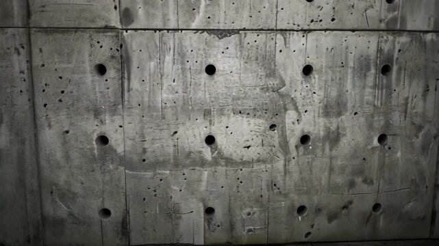 Concrete Wall Texture: A close-up view reveals a weathered concrete wall, marked by an array of evenly spaced circular indentations.