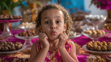 Brazilian Children's Day Celebration Joyful Little Girl Among Sweet Treats