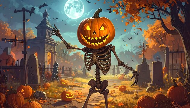 Spooky Halloween Skeleton with Pumpkin Head.