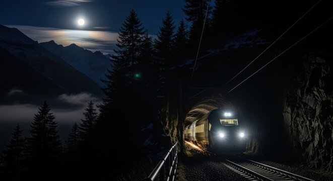 Headlights cut through the profound nocturnal silence as a train emerges from a rugged mountain tunnel, under the serene brilliance of a full moon above the misty peaks
