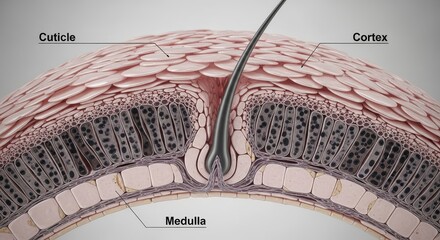Microscopic view of hair follicle in skin cross-section. detailed anatomical illustration shows structure of epidermis, dermis, and hair root. Concept for dermatology, trichology, science education