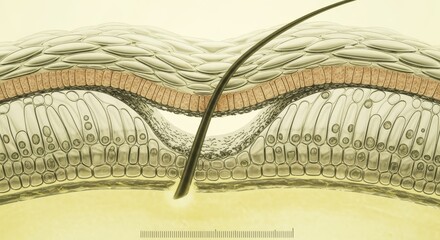 Microscopic view of hair follicle in skin cross-section. detailed anatomical illustration shows structure of epidermis, dermis, and hair root. Concept for dermatology, trichology, science education