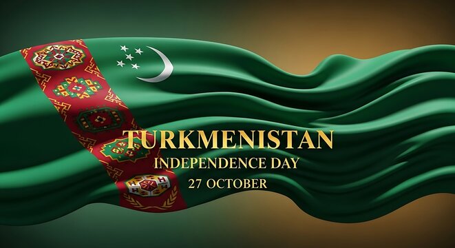 Turkmenistan Independence Day: Waving Flag with Crescent Moon and Stars, October 27th - Powered by Adobe
