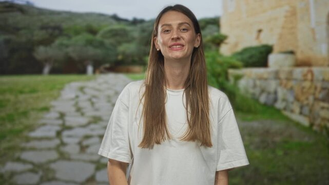 Woman in white t shirt covering mouth with hand and smiling on stone path beside building in countryside park with green trees and grass; playful surprise.
