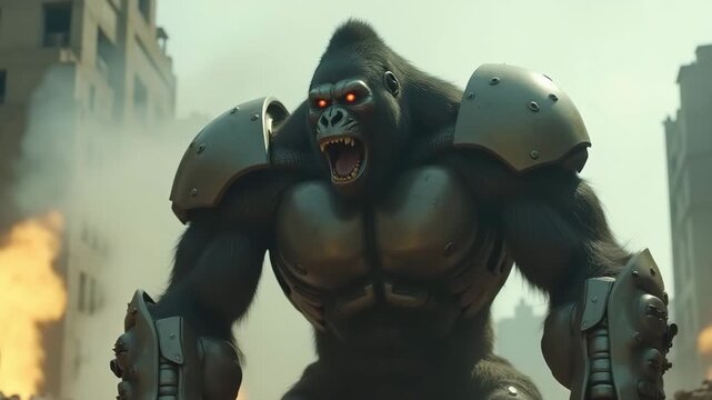 Cybernetic gorilla beating chest in smoke and dust