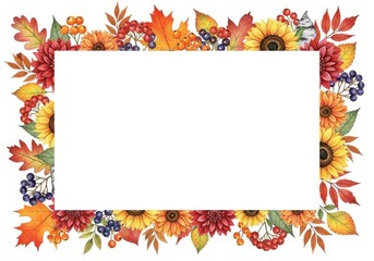 Obraz premium watercolor autumn floral frame. illustration of sunflowers, fall leaves, berries in warm seasonal colors. Isolated on white background with copy space for Thanksgiving and holiday greetings.