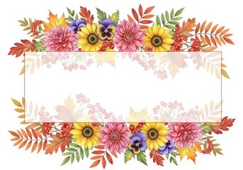watercolor autumn floral frame. illustration of sunflowers, fall leaves, berries in warm seasonal colors. Isolated on white background with copy space for Thanksgiving and holiday greetings.