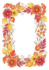 watercolor autumn floral frame. illustration of sunflowers, fall leaves, berries in warm seasonal colors. Isolated on white background with copy space for Thanksgiving and holiday greetings.