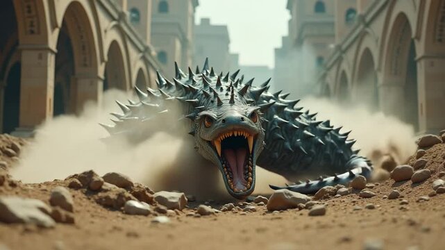 Robotic ankylosaurus with metallic spikes attacking