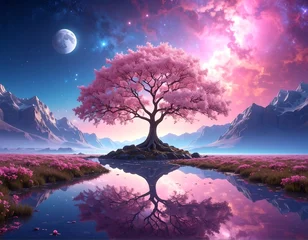 Poster Reflectie A serene landscape featuring a magnificent pink cherry blossom tree reflected in a tranquil water body, surrounded by snow-capped mountains and a field of vibrant pink flowers, bathed in a soft,...  © Lea