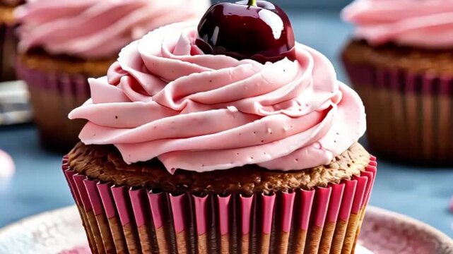 Appealing cupcake features swirls of pink frosting topped with colorful bluberry sprinkles.