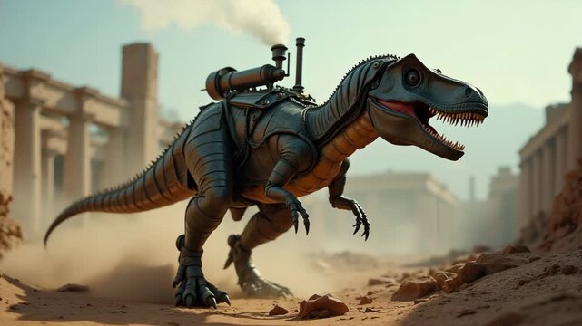 Mechanical dinosaur running through dusty canyon