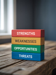 SWOT Analysis Blocks on Wooden Table: Strengths, Weaknesses, Opportunities, Threats