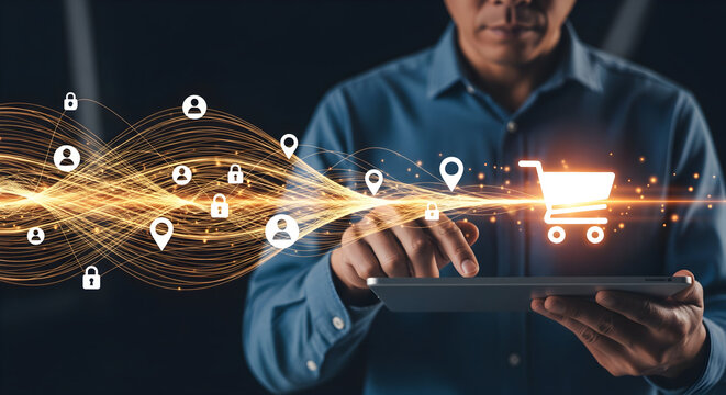 Man using tablet for secure online shopping with digital technology.