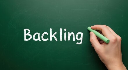 Hand writing the word "Backling" with chalk on a green chalkboard surface.