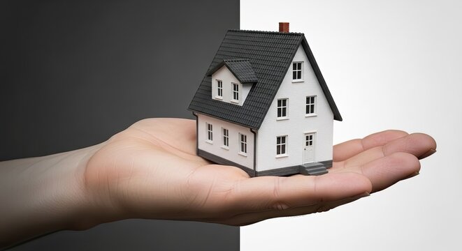 House Model in Palm of Hand: Miniature White Two-Story Home on Hand with Gray Roof Symbolizing Real Estate Ownership Investment Opportunity Architectural Scale Model Home Concept