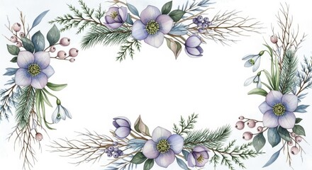 watercolor winter floral frame. botanical illustration of snowy fir branches, berries, anemone, hellebore flowers. Isolated on white background, elegant artwork for Christmas and holiday greeting card