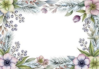 watercolor winter floral frame. botanical illustration of snowy fir branches, berries, anemone, hellebore flowers. Isolated on white background, elegant artwork for Christmas and holiday greeting card