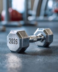 Dumbbell engraved with 2026 placed on clean gym floor