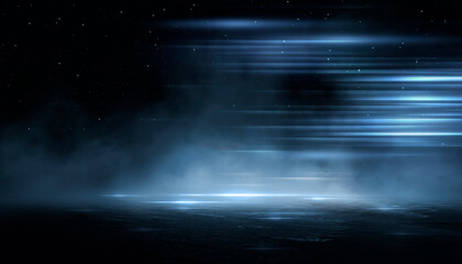 Wet asphalt, reflection of neon lights, a searchlight, smoke. Abstract light in a dark empty street with smoke, smog. Dark background scene of empty street, night view, night city.