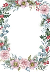 watercolor winter floral frame. botanical illustration of snowy fir branches, berries, anemone, hellebore flowers. Isolated on white background, elegant artwork for Christmas and holiday greeting card