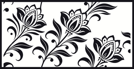 Vintage Floral Harmony: Seamless Trailing Vine Pattern with Delicate Leaves and Flowers in Beige on a Black Canvas