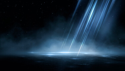 Wet asphalt, reflection of neon lights, a searchlight, smoke. Abstract light in a dark empty street with smoke, smog. Dark background scene of empty street, night view, night city.