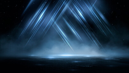 Wet asphalt, reflection of neon lights, a searchlight, smoke. Abstract light in a dark empty street with smoke, smog. Dark background scene of empty street, night view, night city.