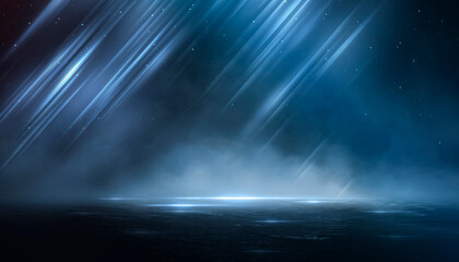 Wet asphalt, reflection of neon lights, a searchlight, smoke. Abstract light in a dark empty street with smoke, smog. Dark background scene of empty street, night view, night city.