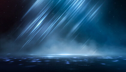 Wet asphalt, reflection of neon lights, a searchlight, smoke. Abstract light in a dark empty street with smoke, smog. Dark background scene of empty street, night view, night city.