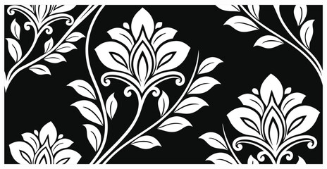 Vintage Floral Harmony: Seamless Trailing Vine Pattern with Delicate Leaves and Flowers in Beige on a Black Canvas