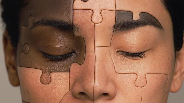 Extreme close-up of a woman&rsquo;s face built from interlocking puzzle pieces&mdash;skin-tone diversity united in one calm, meditative portrait of inclusion and equality. (