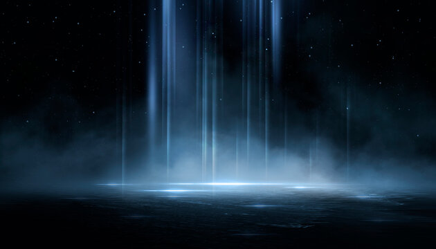 Wet asphalt, reflection of neon lights, a searchlight, smoke. Abstract light in a dark empty street with smoke, smog. Dark background scene of empty street, night view, night city.