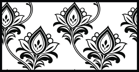 Vintage Floral Harmony: Seamless Trailing Vine Pattern with Delicate Leaves and Flowers in Beige on a Black Canvas