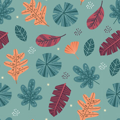 Seamless Pattern Of Autumn Leaves In Teal Orange And Burgundy On A Light Teal Background With A Pixelated Texture