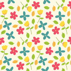 Seamless Pattern of Colorful Stylized Flowers and Leaves in Yellow Red and Blue on a Cream Background with Pixel Art Texture