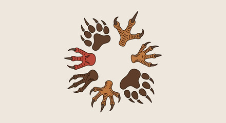 A circular collection of illustrated animal paws, bird talons, and reptile claws on a light background.